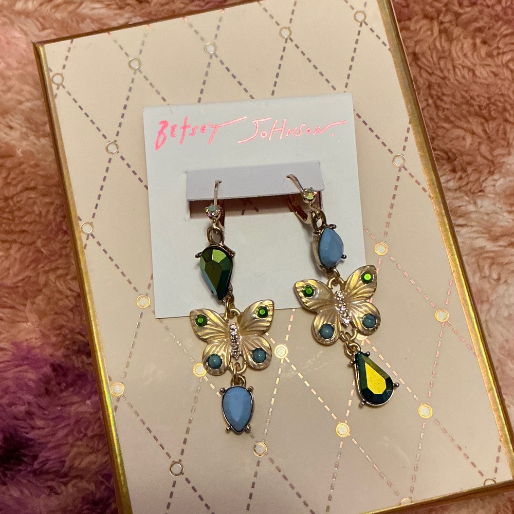 Betsey Johnson Gold Butterfly Drop Earrings with Blue and Green Accents - Picture 2 of 2